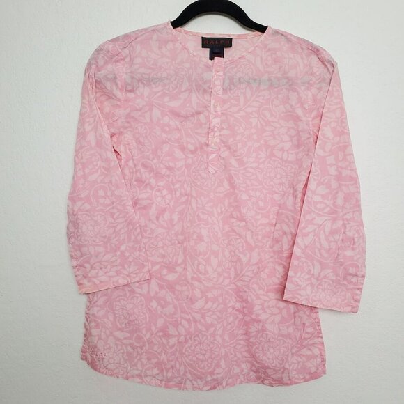 Ralph Lauren Tops - Ralph Lauren Floral Cotton Top Size XS Floral Half Button 3/4 Sleeve Pink FLAW